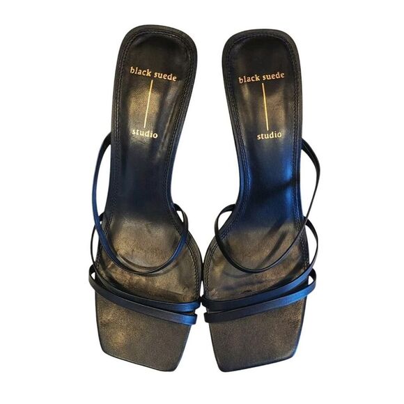 BLACK SUEDE STUDIO Felicity Women's Black Leather Heels, 2½" Y2K Strappy | 8B - Picture 1 of 15